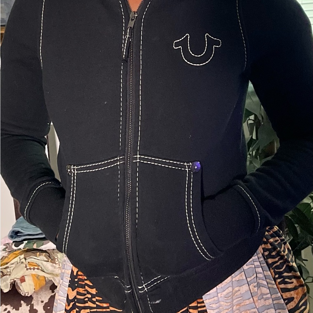 True Religion Black Hoodie with White Logo Back Graphic